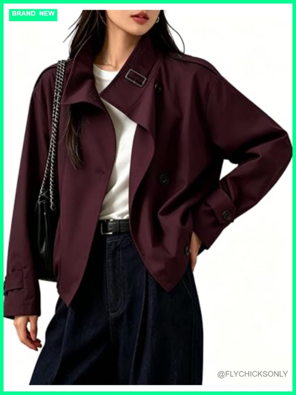Cotton Polyester Blend Cropped Trench Coat Funnel Neck Fall Jacket